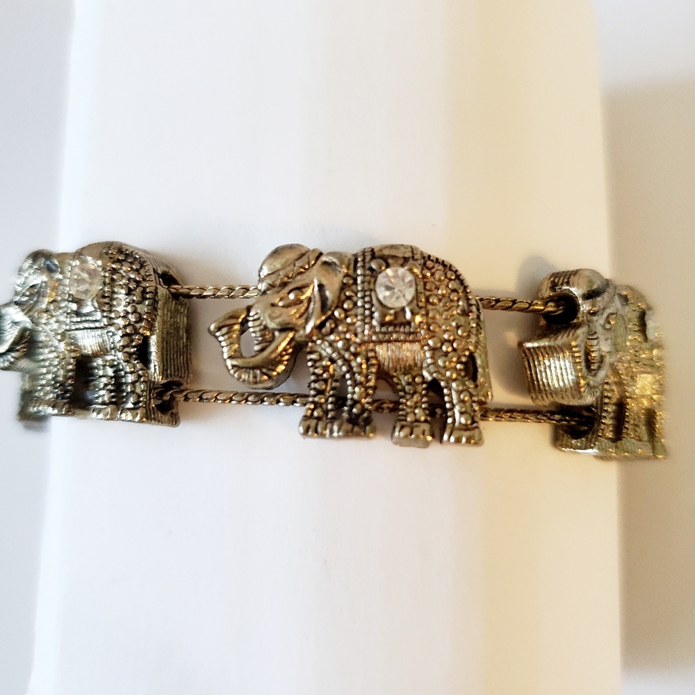Vintage Bejewelled Elephant Slider Charm Bracelet Rhinestones Rustic Tribal Boho